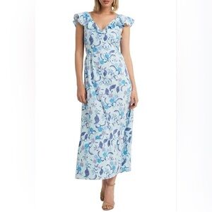 Halston Printed Ruffle Tie Back Dress